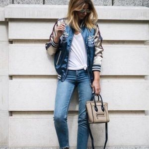 Blue Koi Fish Embroidered Bomber Jacket